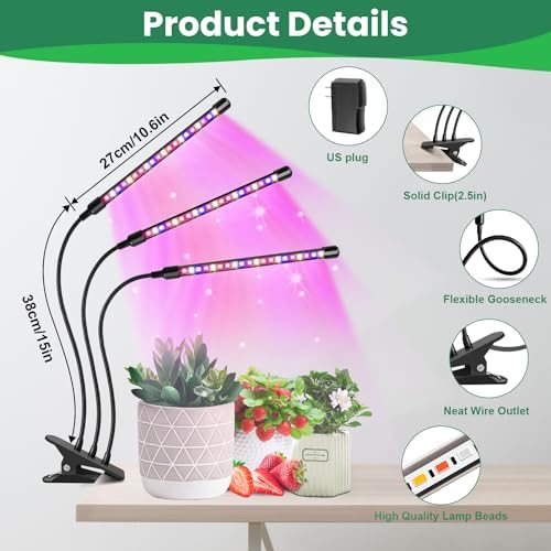 Garpsen LED Grow Light, 2PCS 3 Heads Full Spectrum Plant Light with Clip - Image 5