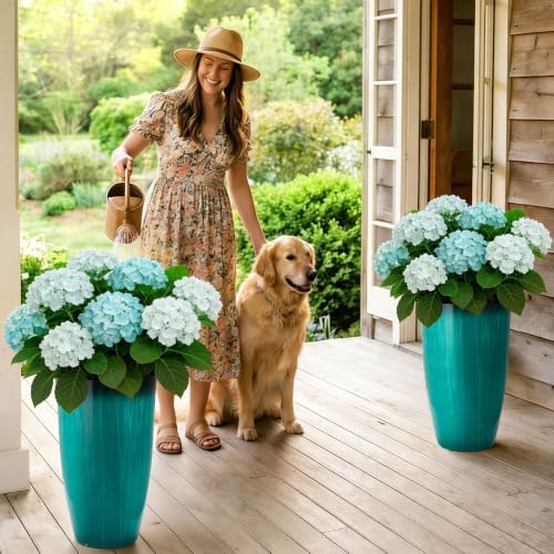 Autodaya 24" Faux Ceramic Large Planters for Outdoor Plants, Turquoise Teal - Image 3