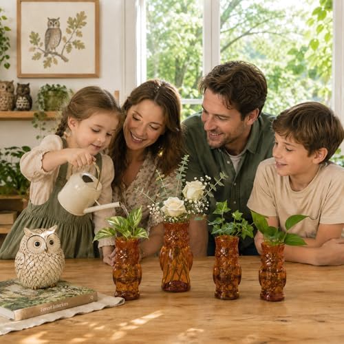 Nacome Owl Plant Propagation Station: Set of 4 Cute Brown Glass Vases - Image 6