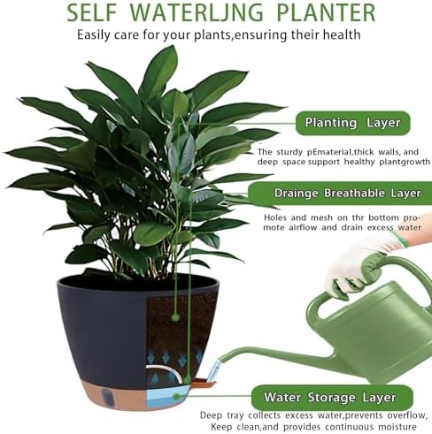 HEJIYUE Large Plant Pot, Self Watering Pots for Indoor Plants, 8/10/12 Inch Plastic Planters with Water Level Indicator, Drainage Holes & Deep Reservoir, Modern Decorative Flower Pot (Black) - Image 4