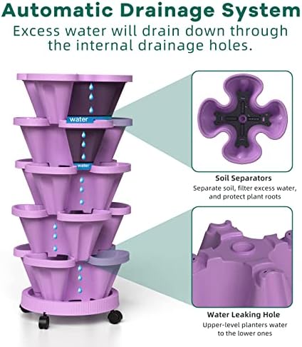 Strawberry Vertical Planter GardenTower, 5 Tiered Stackable Planter with Support Pole, Stacking Herb Vegetable Planters Indoor and Outdoor - Purple - Image 6
