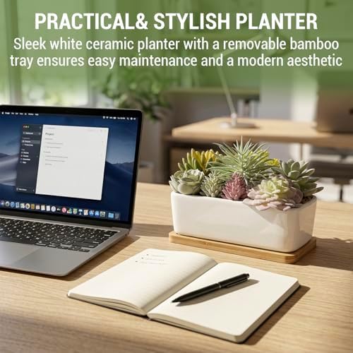 MyGift Faux Succulent Plant Arrangement, White Ceramic Pot with Bamboo Tray - Image 3