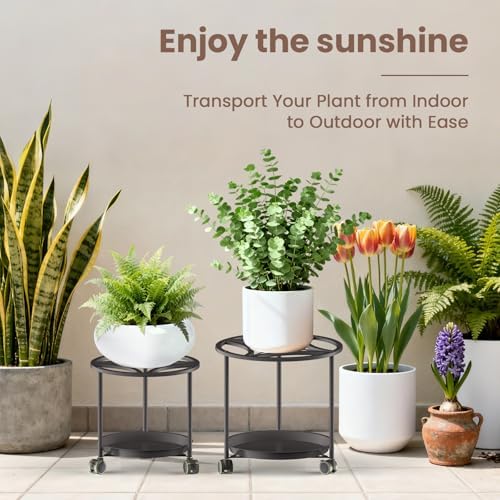 TOSKING 2-Pack Black Round Rolling Plant Caddies with Water Tray – Metal Stands with Wheels, Geometric Pattern, for Indoor Planters (13" & 11") - Image 4