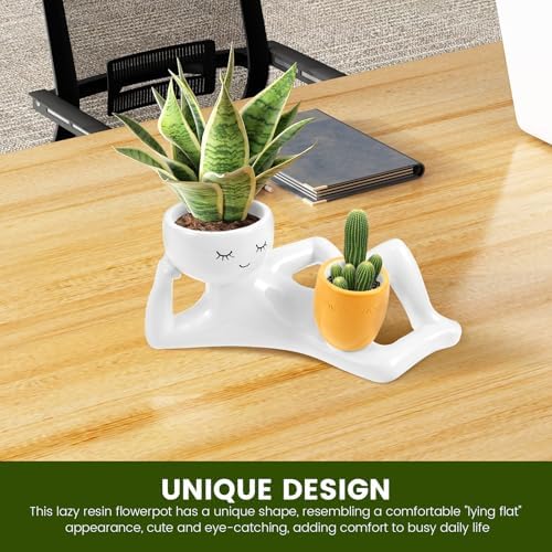 Lazy Guy Planter Resin Planter Pot Efficient Drainage Greenery Vase Container Easy Maintenance Ornament for Decor(White) - Image 6