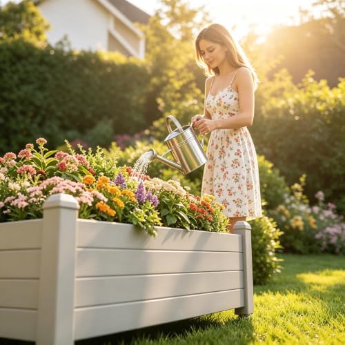 Raised Garden Bed with Wheels, Rolling Resin Planter Box,White - Image 4