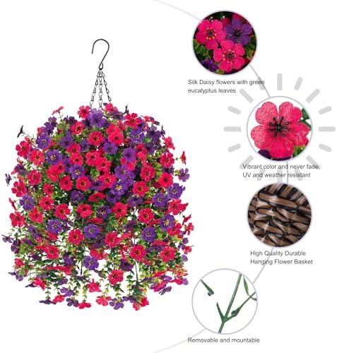 HyeFlora Artificial Hanging Flowers Basket for Outdoor, Fake Flowers Faux Plants Look Real for Yard Gardens Porch Patio Home (Darkpurple+Hotpink) - Image 2
