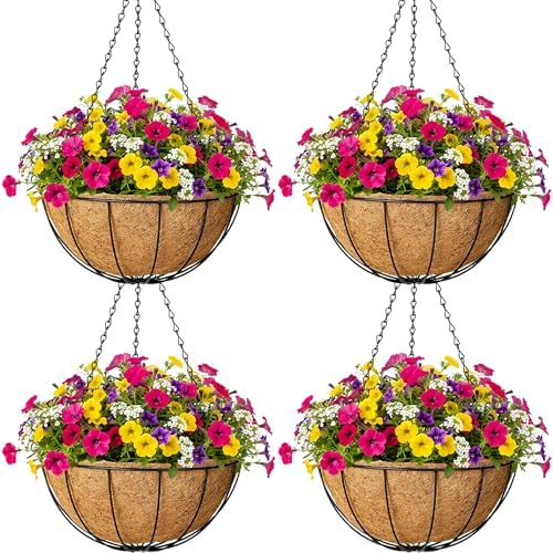 4pcs 14 inch Metal Hanging Baskets Round Wire Plant Stand with Coco Lining Cushion Decorative Planter Hanger Garden Indoor Outdoor Watering Hanging Basket （XG） by SMYAXUNW