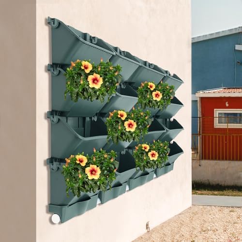 Wall-Mounted Vertical Garden Planter Set – 24 Self-Watering Planters with Drainage Pipe, Stackable Wall Planters for Indoor & Outdoor Use (Green, 16PCS) - Image 2