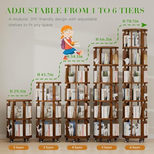 6 Tier 360° Rotating Solid Wood Bookshelf with Wheels - Image 4