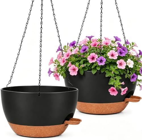 12" Self Watering Hanging Planters with Chains, Black Brown，2 Pack by zople