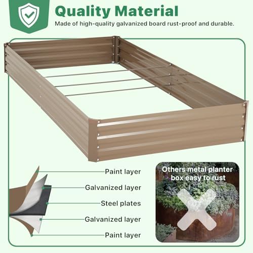 ONCEMORE Galvanized Raised Garden Bed for Vegetables Flowers Herbs, Metal Raised Garden Bed Kit with 2 PCS Tomato Cage, Gloves, Trellis Netting, Plant Labels, Plant Ties, Brown 6×3×1FT - Image 3