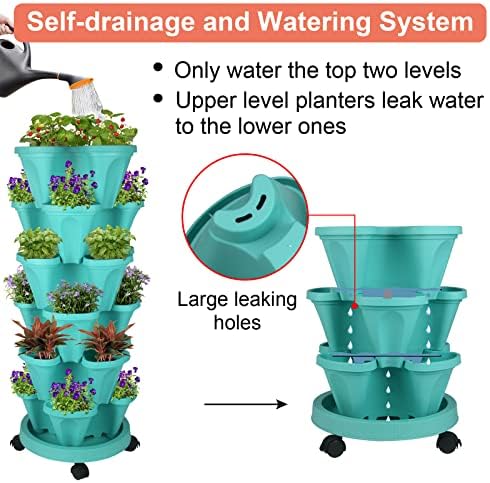 GameXcel Vertical Planter Tower - 6 Tier Stackable Garden Planters with Wheels and Tools Plant Pots for Strawberry Herb Flower and Vegetable Indoor Outdoor Use Teal 2 Pack - Image 4