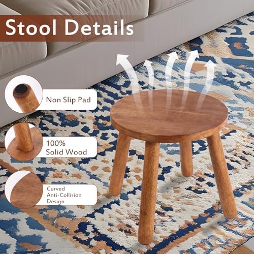 Round Solid Wooden Stool,Plant Stand,Step Stool,Walnut,15.8" H - Image 5