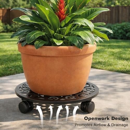 Plant Caddy with Wheels, 3 Pack 13.5” Rolling Plant Stand Plant Rollers Heavy Duty Plant Dolly with Casters Indoor & Outdoor Wrought Iron Metal Plant Tray with Lockable Wheels for Large Flower Pots - Image 2