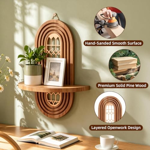 Boho Decorative Wooden Floating Wall Shelves Vintage Shelf with Oval Lattice Backplate Mid Century Modern Wall Mounted Shelves for Home Bathroom Bedroom Living Room Office Storage and Display（2-pack） - Image 3