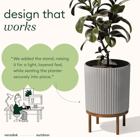Veradek Demi Series Round Planter w/ Stand for Porch/Patio | Durable Plastic-Concrete & Wooden Stand | Modern Décor for Tall Plants, Flowers - Image 5