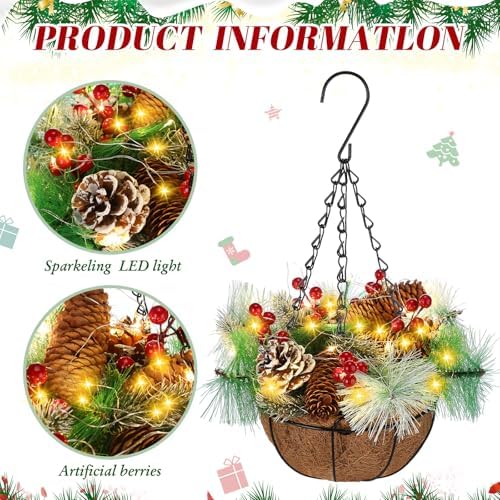 2 Pack Pre Lit Christmas Hanging Baskets with LED Lights Porch - Image 4