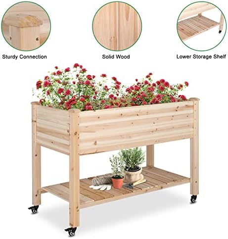 Outvita Raised Garden Bed on Wheels, Mobile Elevated Wood Planter with Lockable Wheels, Woven Fabric Cloth and Storage Shelf for Flowers, Vegetables Backyard Balcony - Image 3