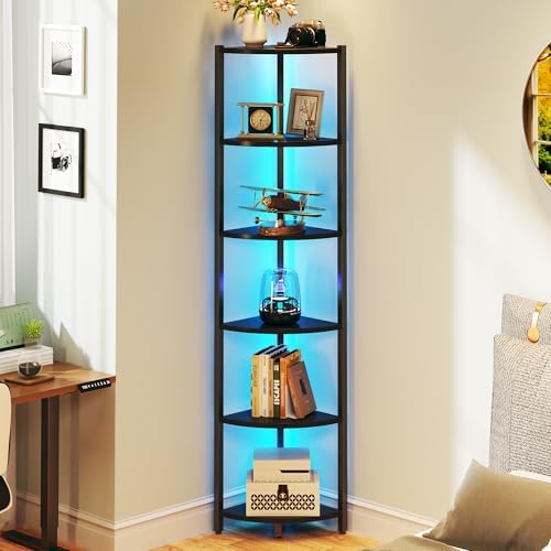Corner Shelf with LED Lights, 6-Tier Corner Bookshelf, 66'' Organizer Book Shelf Shelves Steel Frame Display Stand with Living Room, Bedroom, Study, Black - Image 6
