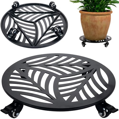 1 Pack 16 inches Extra-Large Metal Plant Caddy with Wheels Heavy-Duty Iron Rolling Plant Stand with Casters Indoor Outdoor Wheeled Plant Roller Base Pot Movers Plant Dolly Coaster Trolley Black by Planterhoma