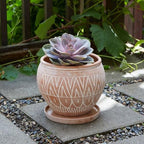 Small Terracotta Pot with Terracotta Saucer, Plant Pot with Drainage, Engraved Boho Rangoli Design, 8 Inch Plant Pot by POTTHING