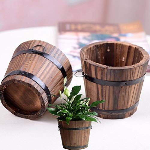 Rustic Wood Whiskey Barrel Planter Box Round Wooden Garden Flower Pot 3Pcs Different Sizes(L/M/S) - Image 4