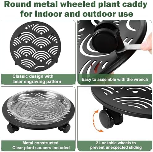 3 Packs 12" Large Metal Plant Caddy with Wheels Heavy-duty Plant Dolly Pot Mover Rollers Rolling Plant Stands Indoor Outdoor Wheeled Plant Holder Coaster Trolley, Black - Image 4