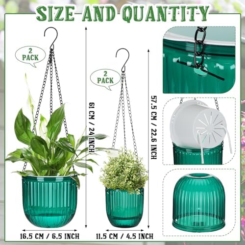 4 Pcs 6.5'' 4.5'' Hanging Self Watering Pot for Indoor Plant, Green - Image 2