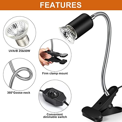 3 Set Reptile Heat Lamp UVA/UVB Turtle Heat Lamp Holder Fixture Clamp Basking Spot Adjustable 50w Full Spectrum Sun Sunbathe Bulb for Turtle Lizard Bearded Dragon Snake Aquarium Amphibian(Black) - Image 3