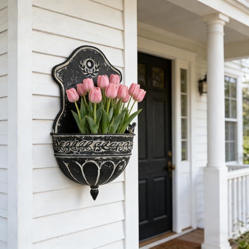 Vintage Distressed Black Metal Wall Planter, Rustic Hanging Pocket Planter with Scrollwork & Scalloped Design, Farmhouse Wall Decor for Indoor & Covered Outdoor Garden, Porch & Entryway - Image 3