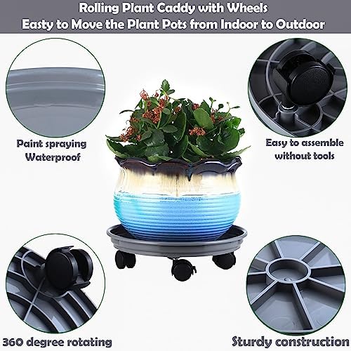 6 Packs Plant Caddy with Wheels 12" Plastic Rolling Plant Stands Heavy-Duty Plant Dolly with Casters Indoor and Outdoor Plant Roller Base Large Heavy Plant Pot Saucers with Wheels Plant Mover, Grey - Image 2