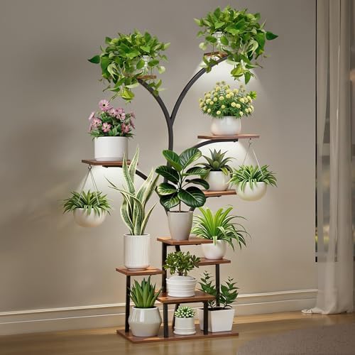 VECELO Plant Stand with LED Light, 10-Tier Indoor Plant Shelf with Supplemental Lighting, Metal Frame & Wood Shelves with Hanging Hooks, Space-Saving Plant Rack for Living Room or Corner Display by VECELO