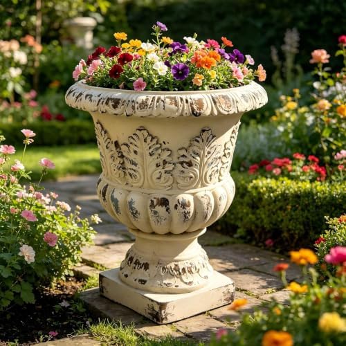 20.47" Tall Antique White Urn Planter, 16.53" W x 16.53" D Magnesium Oxide Outdoor Pedestal Planter with Drainage Hole, Decorative Garden Urn for Patio, Porch and Entryway Decor - Image 2