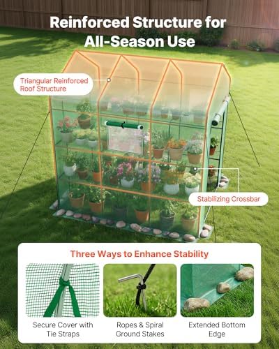 VEVOR Walk-in Greenhouse, 54" x 81.1" x 77.2" Greenhouse for Outdoors with Windows, PE Cover, 2 Tiers 14 Shelves, Roll-Up Zipper Door, Walk in Green House, Portable Plant Garden Hot House for Backyard - Image 3