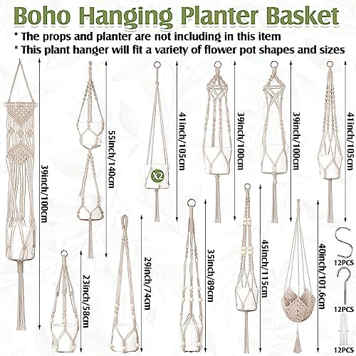 Hoteam 12 Pcs Macrame Plant Hangers Macrame Hanging Planters for Indoor Plants Handmade Boho Hanging Baskets Flower Pots Holder for Outdoor Home Wall Decor - Image 2