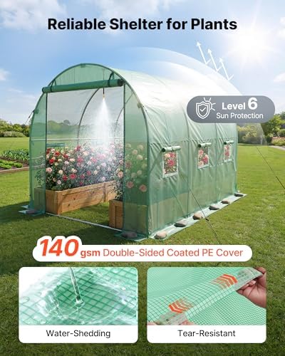 VEVOR Walk-in Tunnel Greenhouse, 10 x 7 x 7 ft Hoop House Greenhouse Tunnel with Watering System, Plant Hot House with Steel Frame, PE Cover, Roll-Up Zipper Door and 6 Windows for Outdoors, Green - Image 5