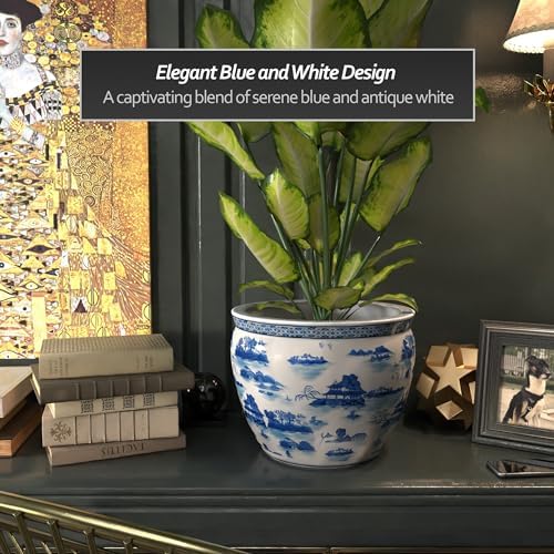 Red Lantern 14" Landscape Blue & White Porcelain Fishbowl Planter or Cachepot for Indoor/Outdoor Use in Garden Entryway Living Room Boho Eclectic Modern Contemporary Classic Traditional Style Decor - Image 5