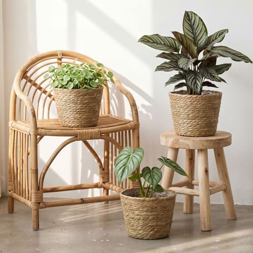4 Pcs Straw Plant Baskets Indoor Rattan Woven Flower Baskets with Plastic Liner, Cattail Plant Planter for Indoor Outdoor Rustic Boho Home Farmhouse Floor Potted Pots Decor - Image 4