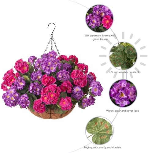 INSPRING Geraniums Artificial Flowers Hanging Basket for Outdoors Outside Decoration, 8 Bundles Silk Flowers Fake Plants Look Real UV Resistant for Porch Home Patio Balcony Yard, Purple Fuchsia - Image 7