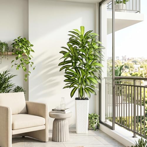 Artificial Dracaena Tree Indoor, 7FT Tall Fake Floor Plants with White Planter & Pebbles, Faux Silk Yucca Tree for Home Office Living Room Bedroom Farmhouse Modern Outdoor Topiary Tree - Image 2