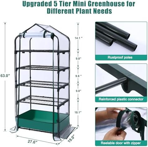 5 Tier Mini Greenhouse for Indoor Outdoor, Portable Green House with Durable PVC Cover and Shelves for Seedling, Heavy Duty Greenhouse with Waterproof Mat and Cover Tape, Gardening Gifts for Women Men - Image 3