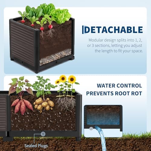 Extra Deep Raised Garden Bed with Legs 48.42 x 16.06 x 19.21 in, 3-Unit Modular Elevated Planter Box with Drainage Plugs, Tool-Free Assembly for Patio Balcony, Black-Brown (Black-brown no leg) - Image 4