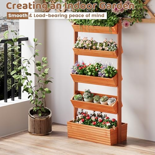 Wooden Raised Garden Bed Vertical Planter Box, Freestanding Plant Stand for Indoor Outdoor Plants, Herbs, Flowers, Vegetables, Gardening (Reddish Brown, 5-Tier，29.9 x 17.9 x 68in) - Image 5