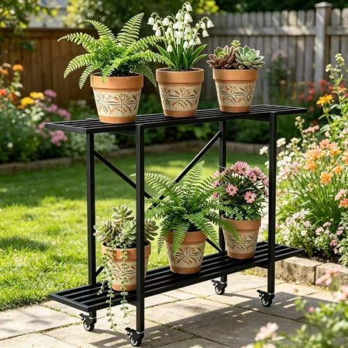 Zhongma 2 Tier Window Height Metal Plant Stand with wheels easy assembly - Image 2