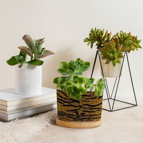 Tiger Fur Skin Ceramic Planters Animal Strip Print Planters for Indoor Plants with Drainage Holes and Saucers Pot for Succulents Cactus Garden Windowsill - Image 4