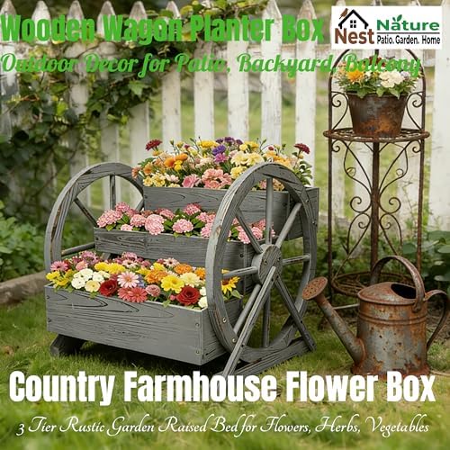 NestNature Wooden Wagon Planter Box|Raised Garden Bed W/Wheels for Plants - Image 4
