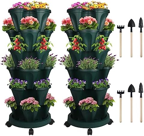 GameXcel Vertical Planter Tower - 6 Tier Stackable Garden Planters with Wheels and Tools Plant Pots for Strawberry Herb Flower and Vegetable Indoor Outdoor Use Green 2 Pack by GameXcel