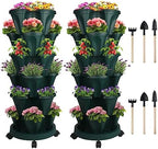GameXcel Vertical Planter Tower - 6 Tier Stackable Garden Planters with Wheels and Tools Plant Pots for Strawberry Herb Flower and Vegetable Indoor Outdoor Use Green 2 Pack by GameXcel