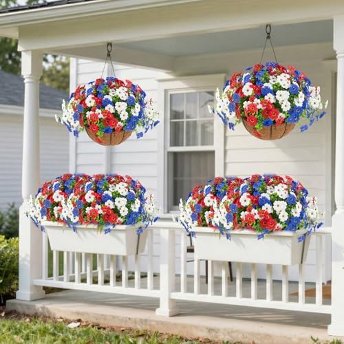 Hananona 2 Set Artificial Outdoor Flowers with Hanging Basket, 2 Hanging Planters with 24 Pcs Patriotic Flowers for Summer Front Porch Patio 4th of July Decor (Red, White, Blue) - Image 6