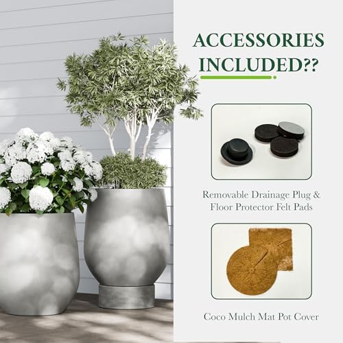 DTY Premium Mt Wilson Tall Tapered Fiberstone Planter for Indoor Outdoor Use, Modern Large Olive Tree Pot with Drainage Hole, Includes 2 Coco Mats. Gray, Medium 15'' D x 16.7” H. 11.2” Pot Opening - Image 5